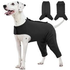 Traje Kuoser para perro con foco en patas traseras, ayuda a evitar lamido y facilita la recuperación.