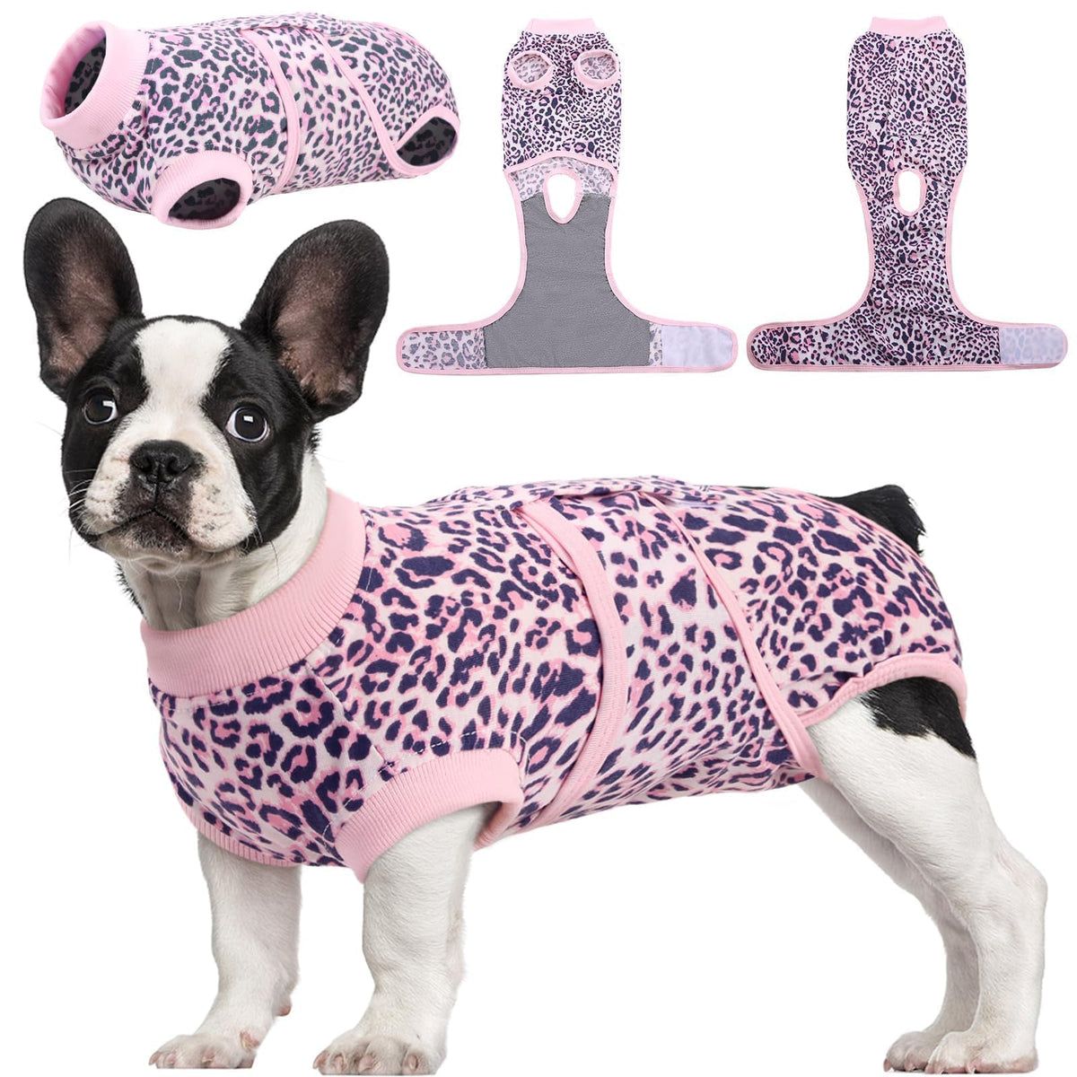 Kuoser traje de recuperación para perros Rosa Leopardo visto frontal, ideal para la convalecencia.