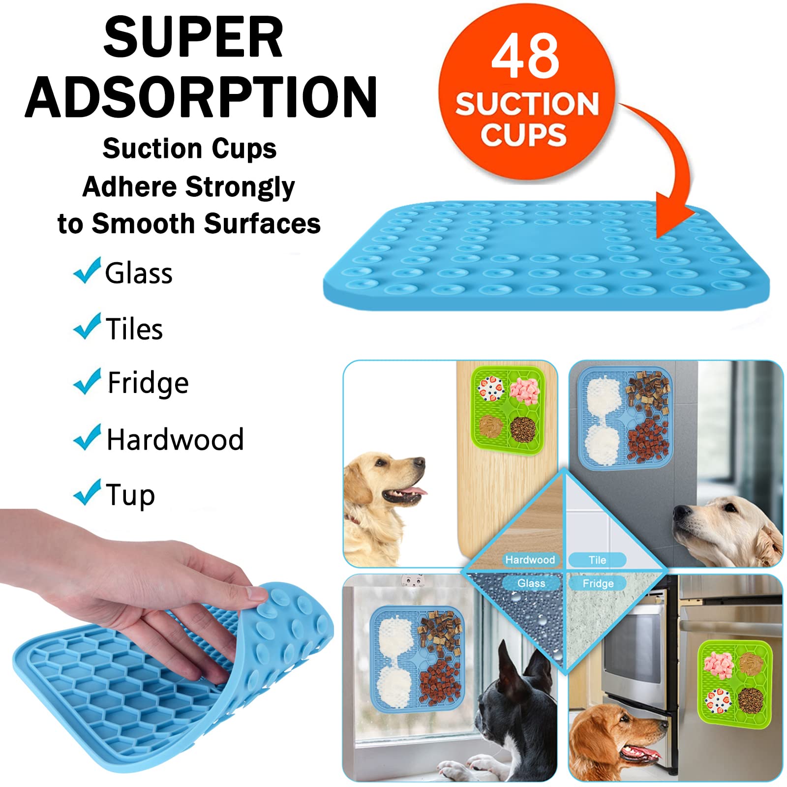 Kwispel Lick Mat con 48 ventosas para adherencia estable en azulejos.