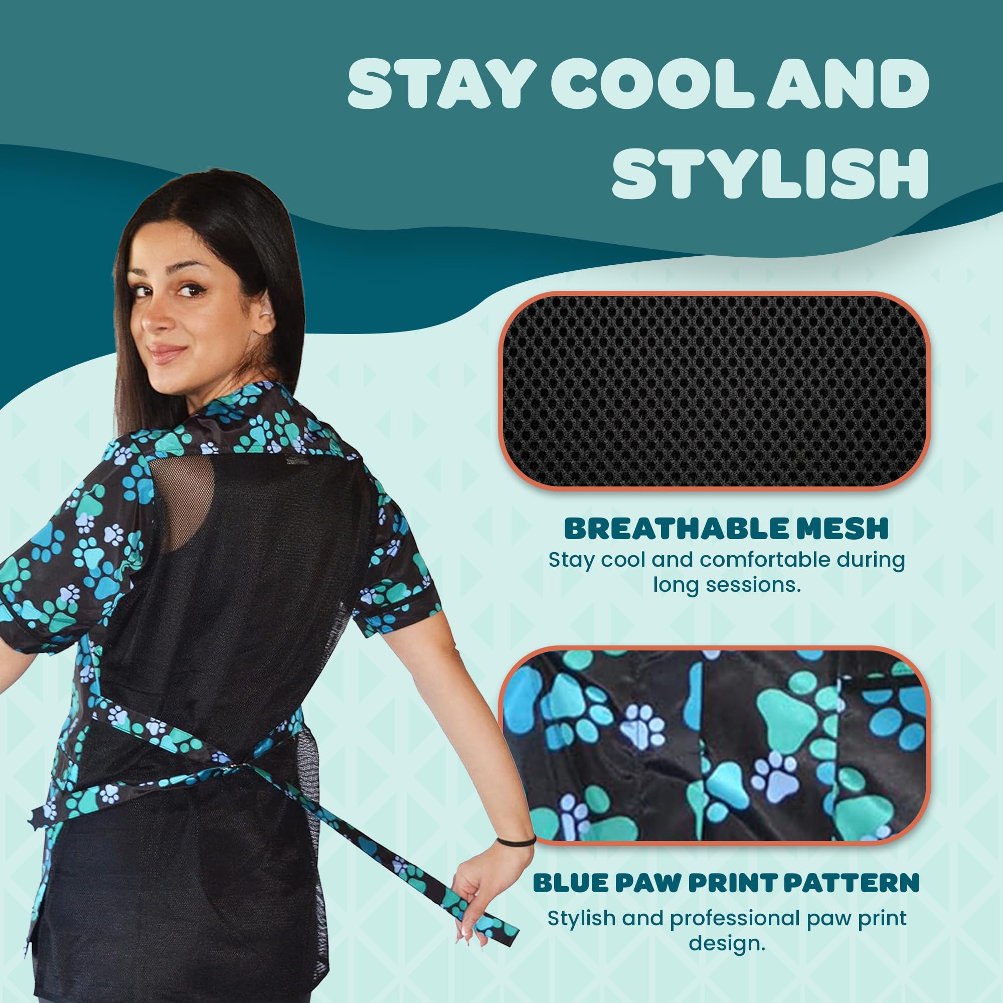 Smock con huellas azules, estilo profesional para servicios de cuidado canino.