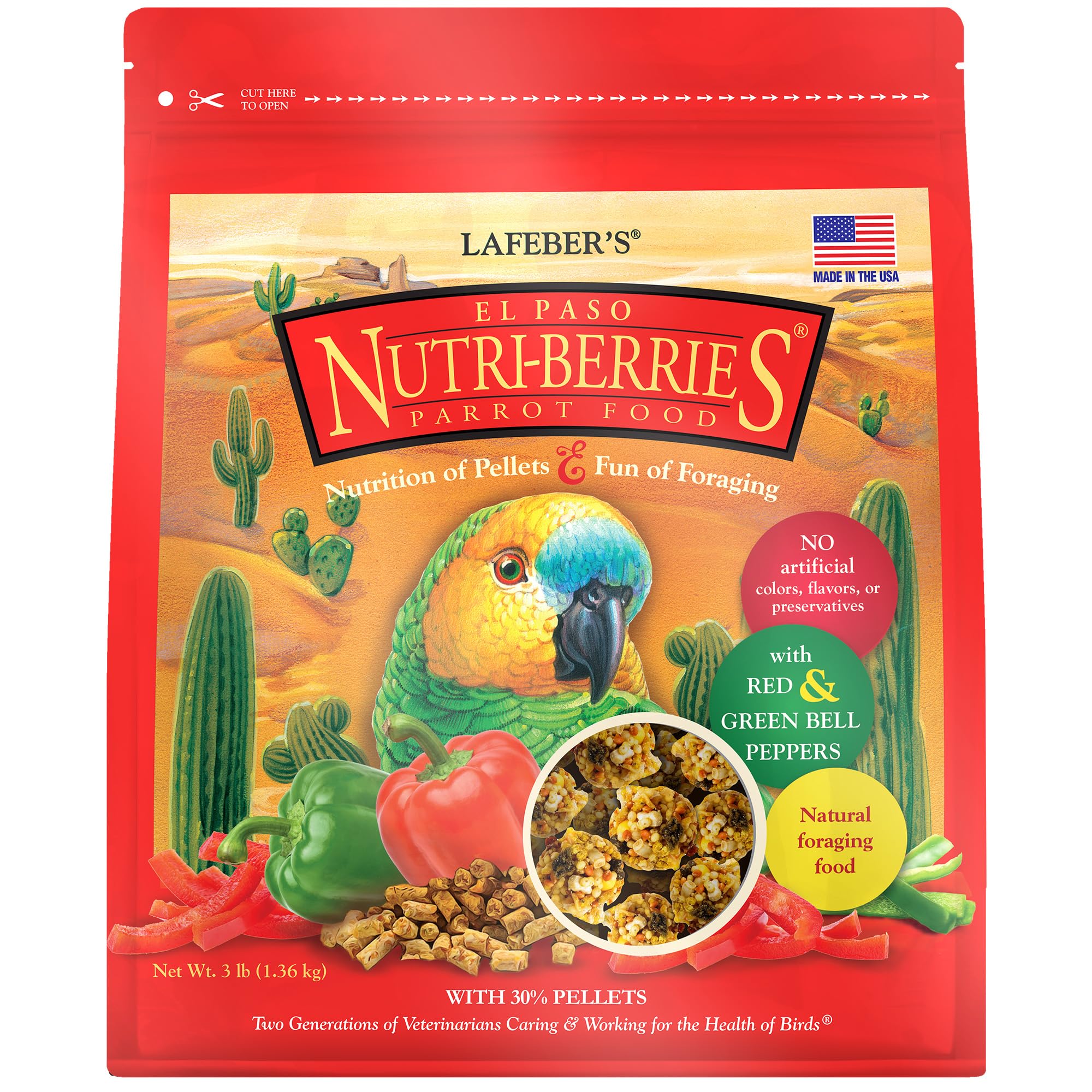 LAFEBER'S El Paso Nutri-Berries envase frontal para almacenamiento diario del loro.