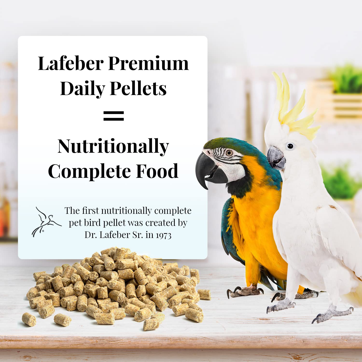 LAFEBER'S envase práctico de 5 lb para aves grandes, almacenamiento cómodo.