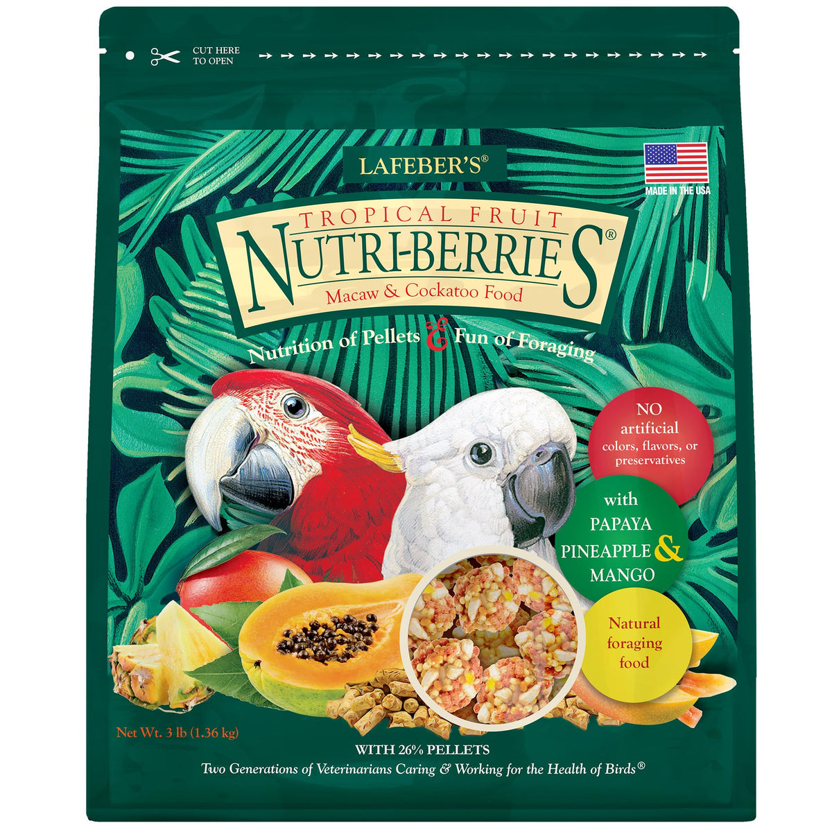 LAFEBER'S Nutri-Berries con frutos tropicales para guacamayos y cacatuas, forraje completo