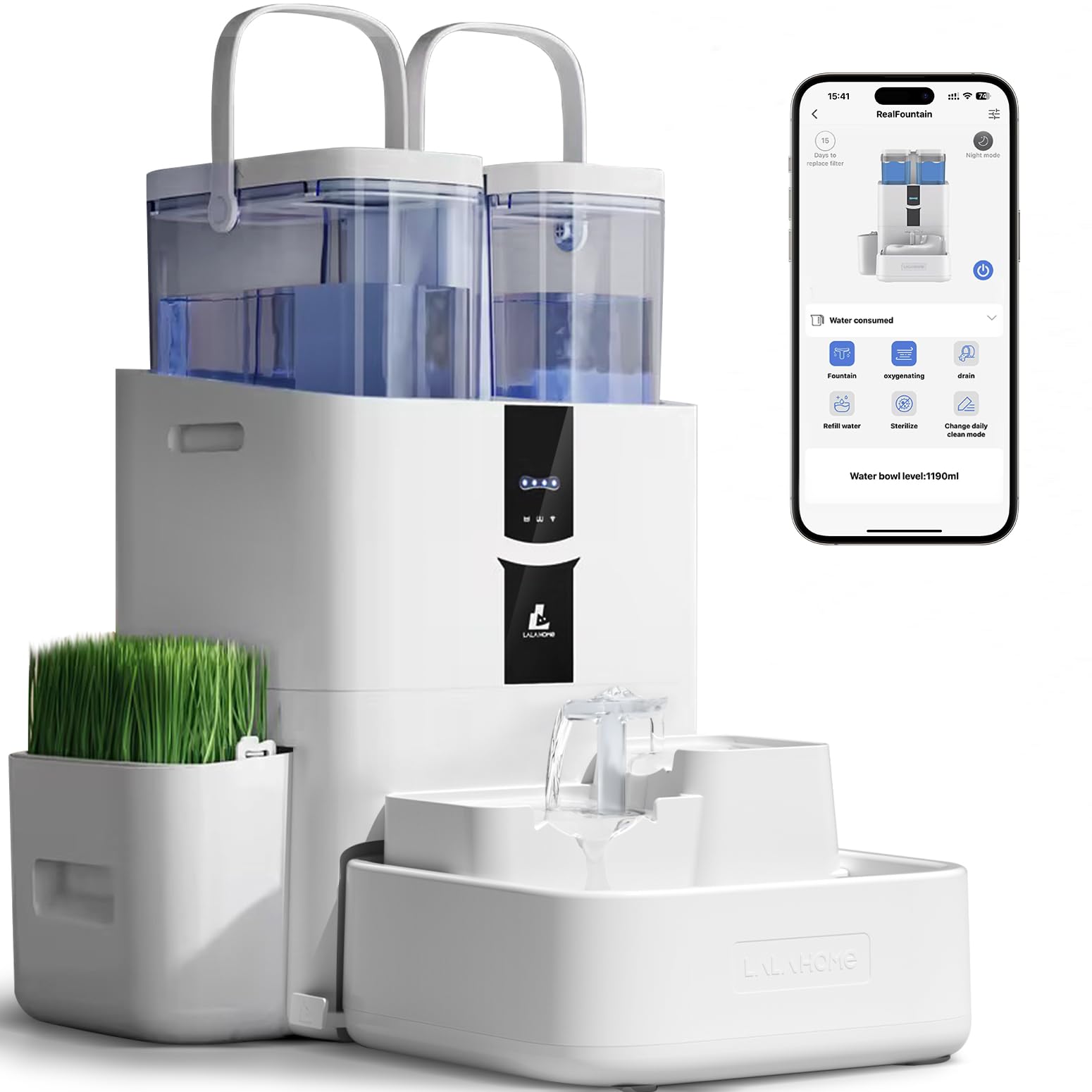 Bebedero automático LALAHOME 10L, vista general, ideal para varias mascotas