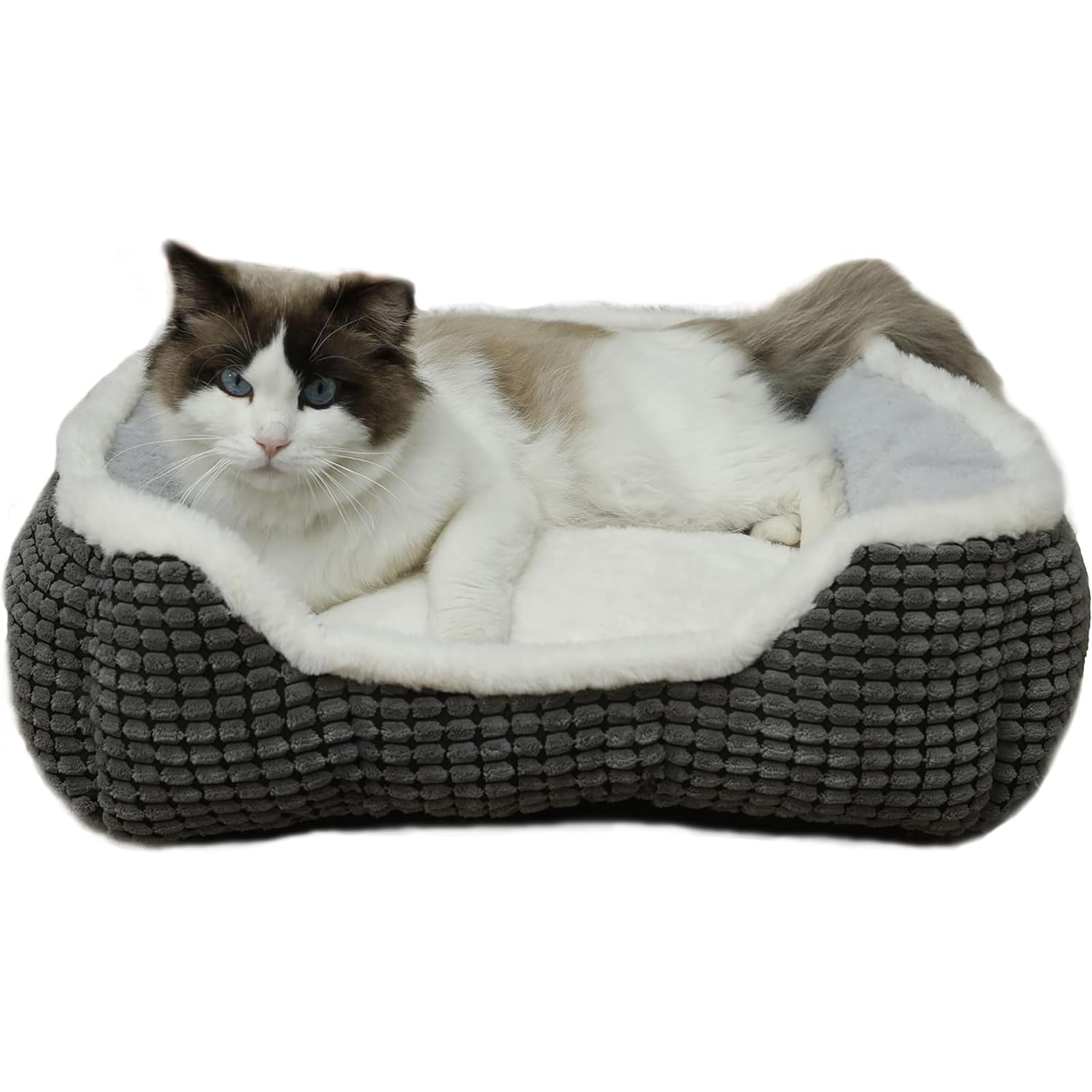 Cama Laojin Balhen para mascotas, diseño cuadrado gris, descanso suave y lujoso.