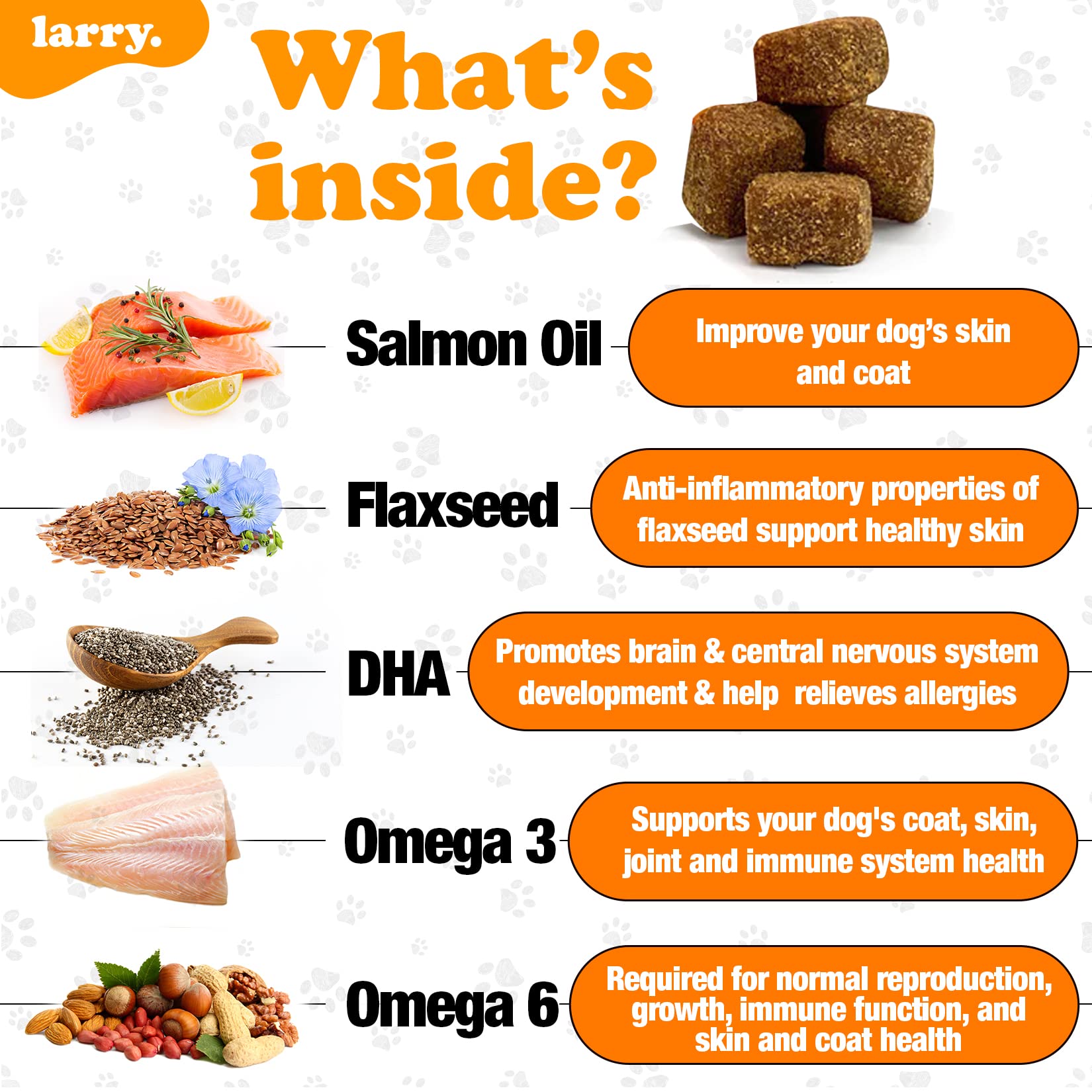 Larry Aceite de Salmón para Perros: etiqueta destaca ingredientes reales y naturales.