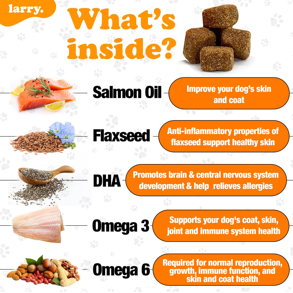 Larry Aceite de Salmón para Perros: etiqueta destaca ingredientes reales y naturales.