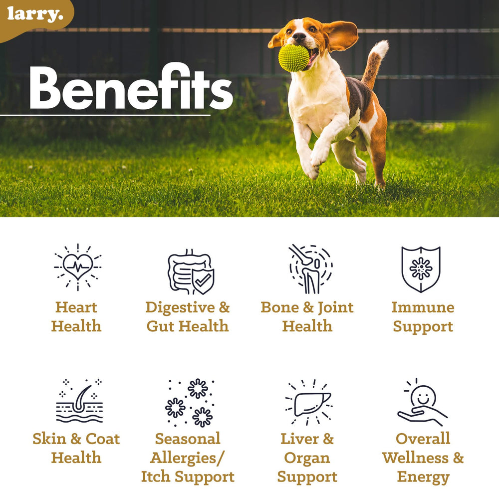 Larry contiene glucosamina y condroitina para movilidad suave en perros activos.