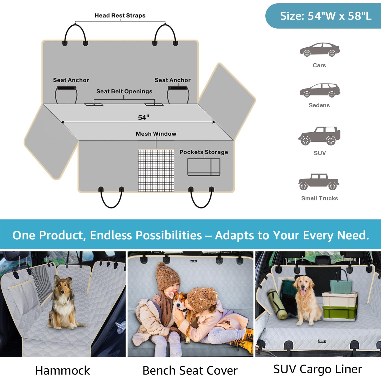 Ajuste universal Lassie para coches y camionetas, compatible con muchos modelos.