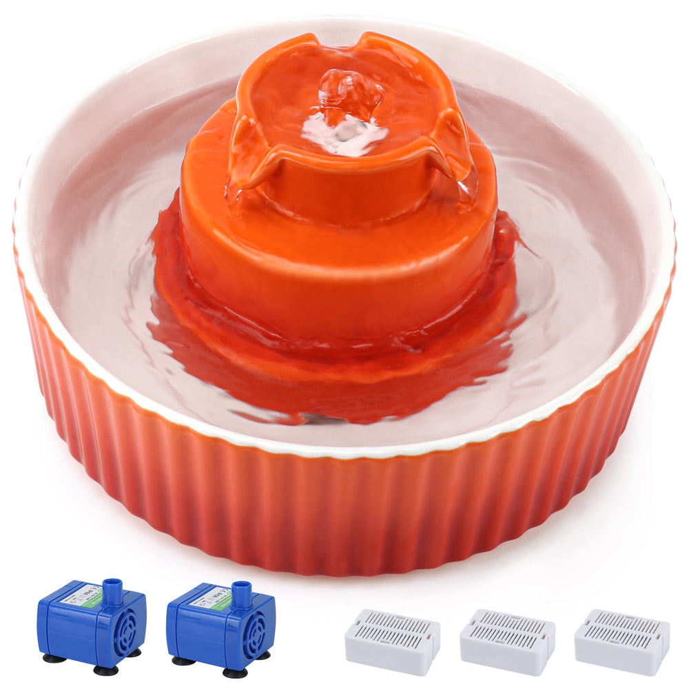 Lawfery bebedero cerámico para gatos naranja, vista frontal y fácil acceso.