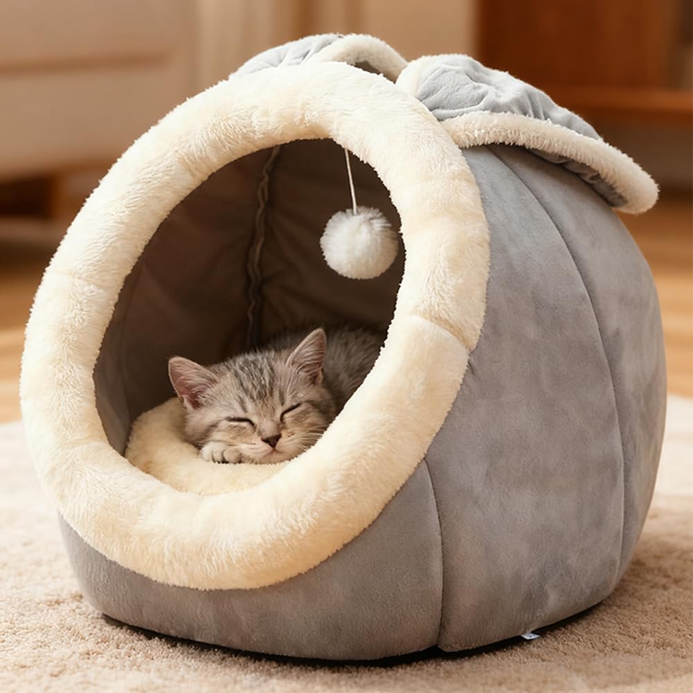 Cama cueva Lcybem con orejas largas, refugio lúdico para gatos nerviosos.