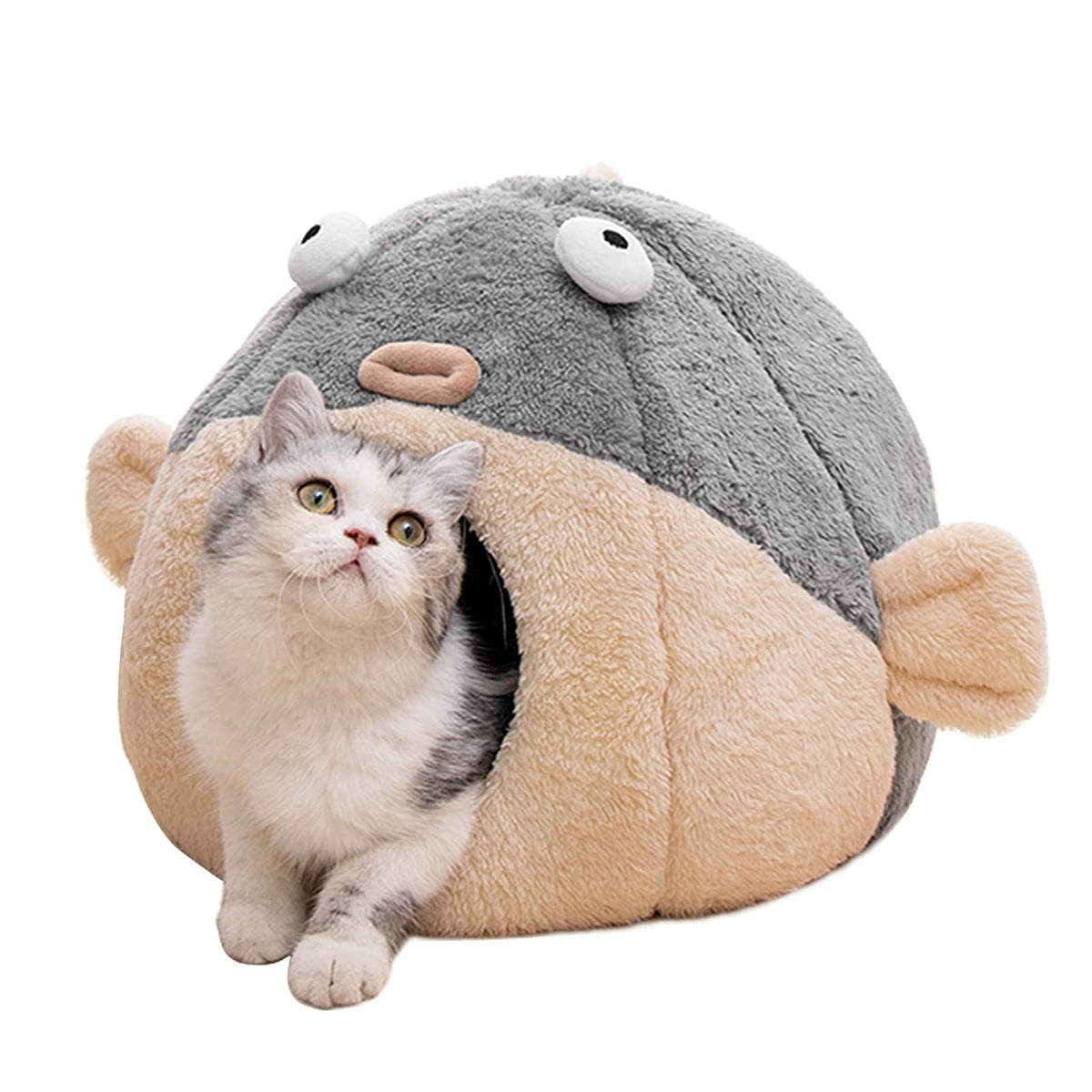 Cama-cueva Lcybem gris con acolchado removible para comodidad del gato.