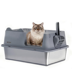 LCZLBRRD caja arena acero inoxidable grande, vista frontal, ideal para gatos de todos los tamaños.