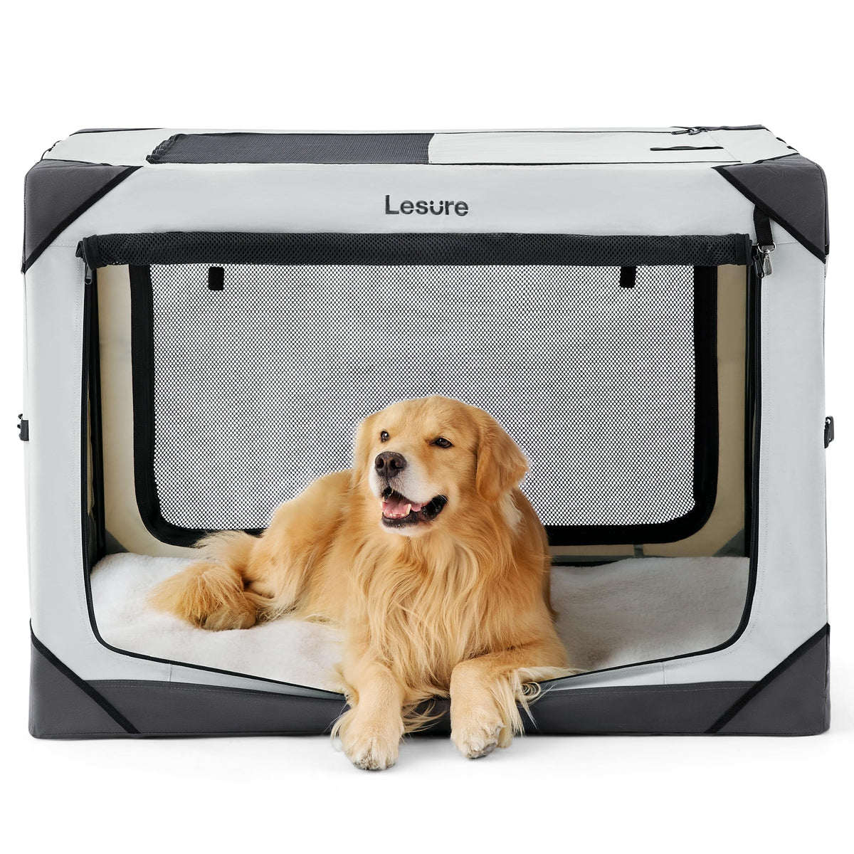 LE SURE jaula plegable para perros, vista frontal, diseño transpirable para mayor visibilidad