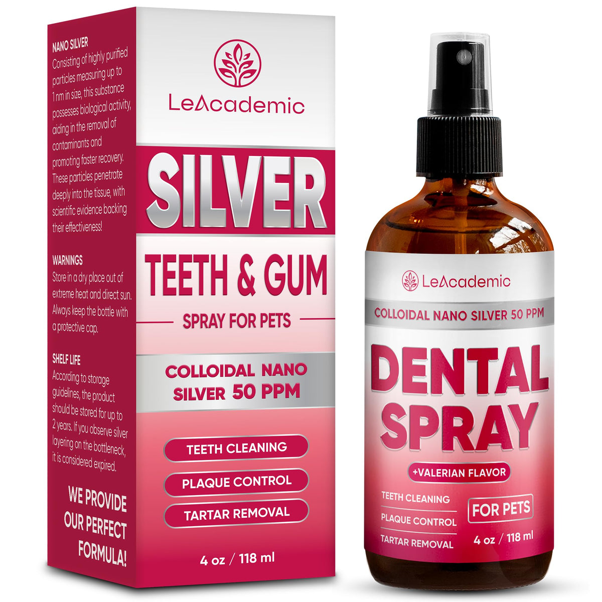 LeAcademic spray dental botella 4oz, conveniencia para uso diario en mascotas.
