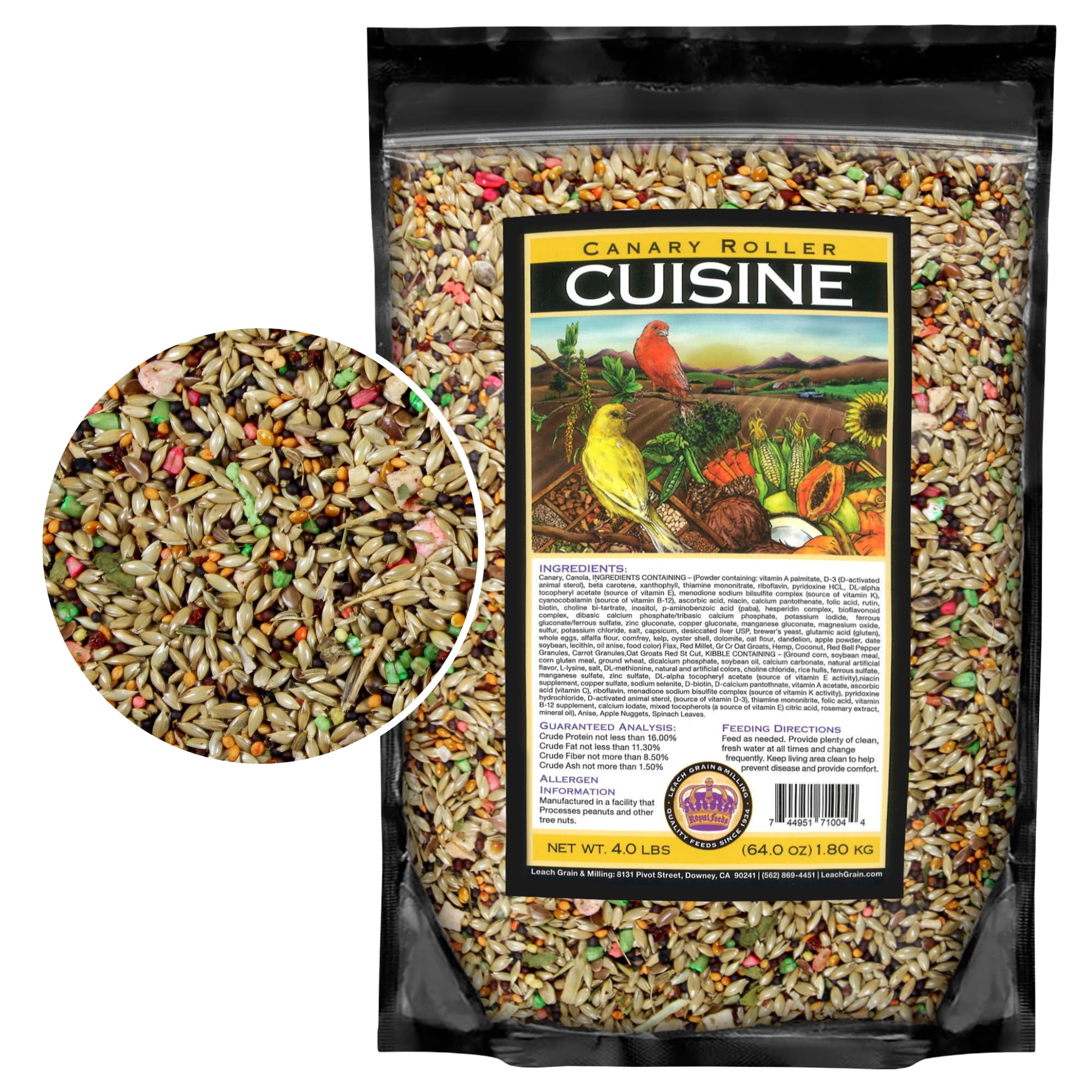 LEACH Canary Cuisine, envase de 4 libras para alimentación diaria de canarios.
