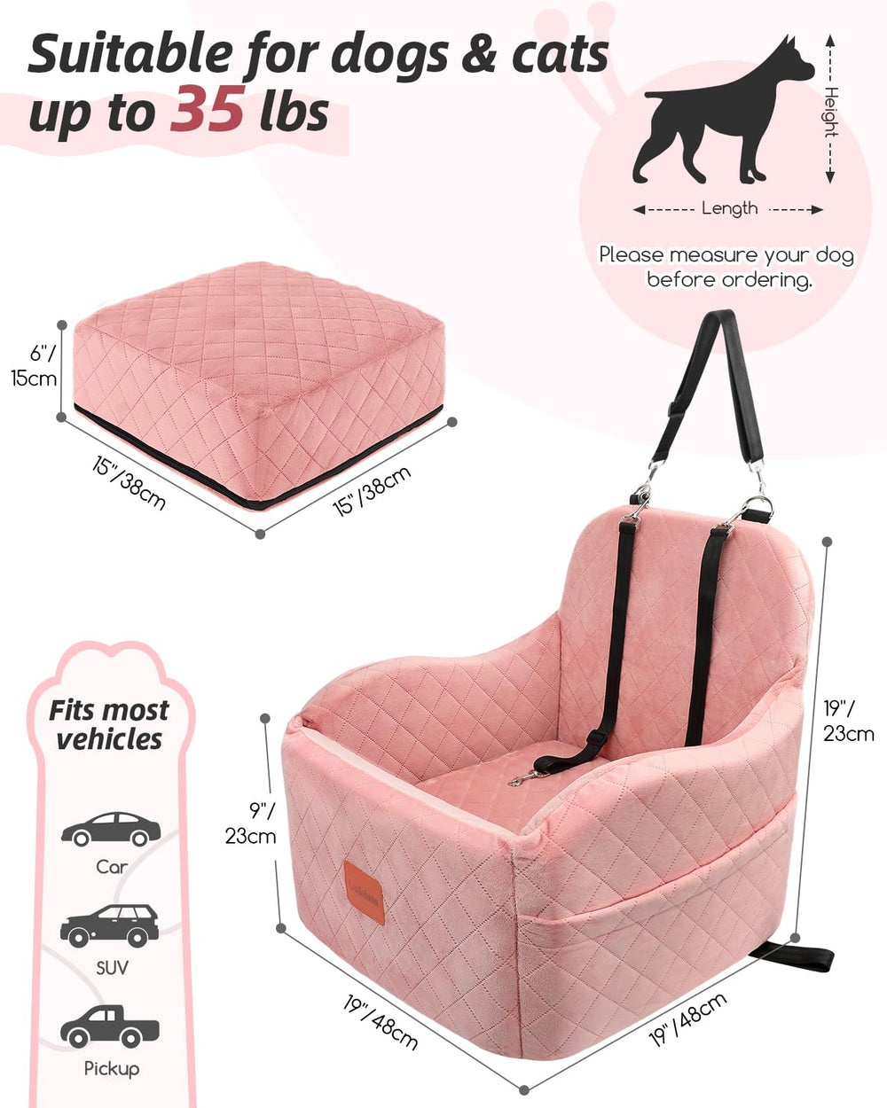 Lealchum asiento para coche de perro pequeño rosa: instalación rápida y segura.