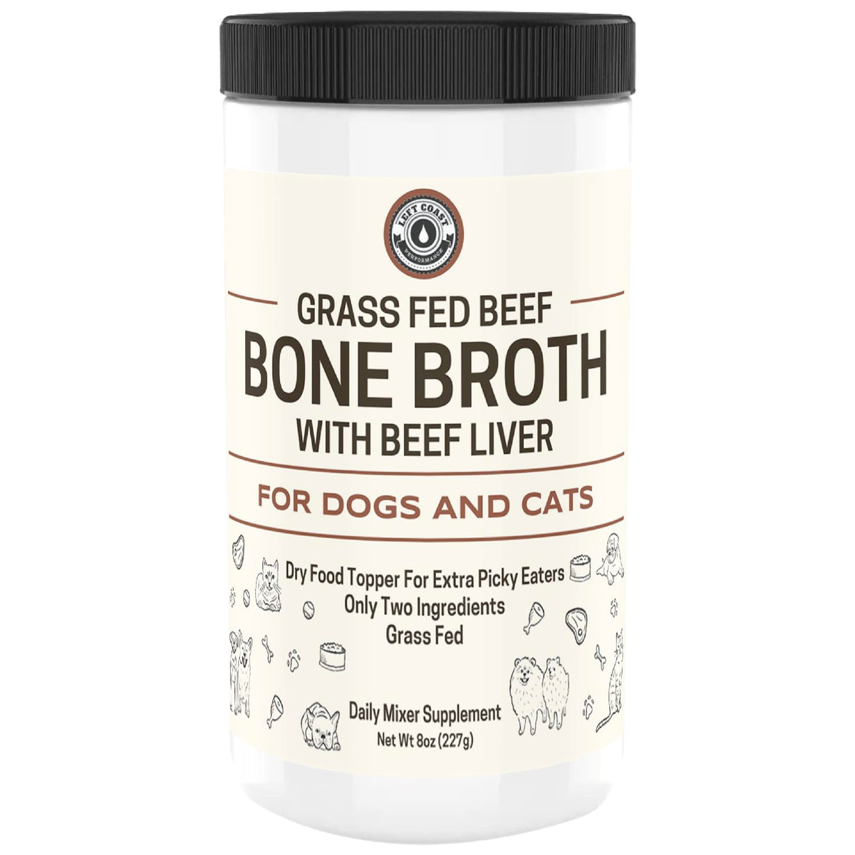 Left Coast Performance polvo caldo de huesos, ideal para realzar sabor en perros y gatos.