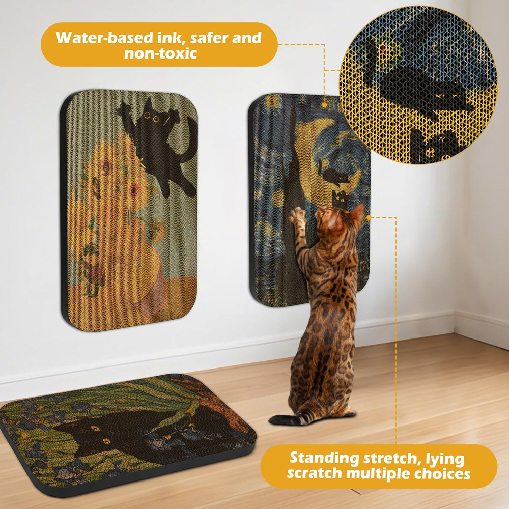 Lesissmer Art Cat Scratcher montado en pared ofrece tres zonas de rascar para el gato.
