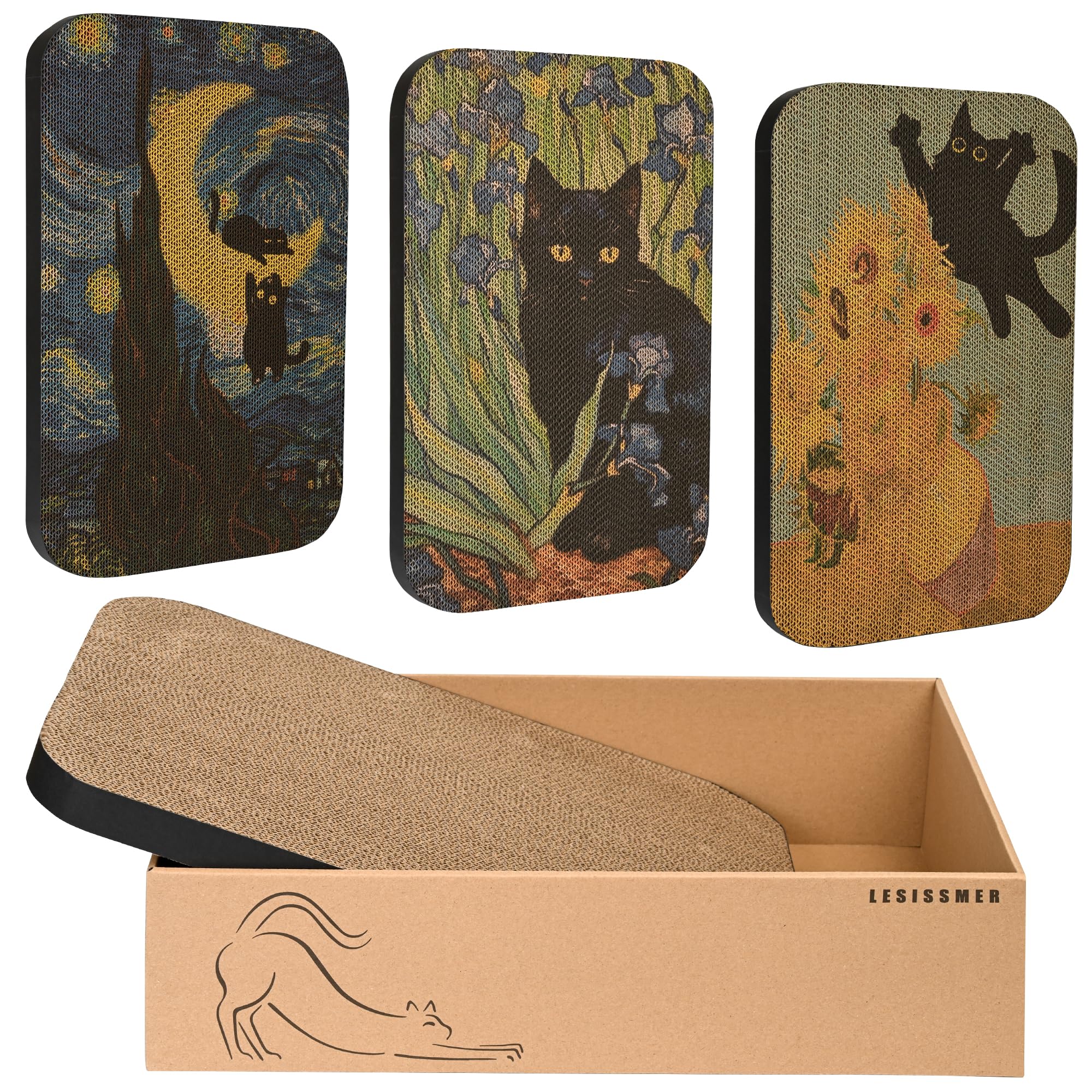 Lesissmer Art Cat Scratcher instalado en pared con caja visible, protege muebles y entretiene al gato.