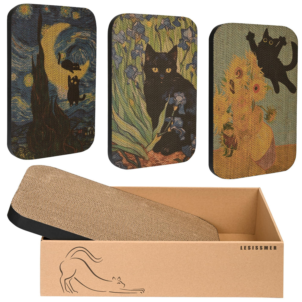 Lesissmer Art Cat Scratcher instalado en pared con caja visible, protege muebles y entretiene al gato.