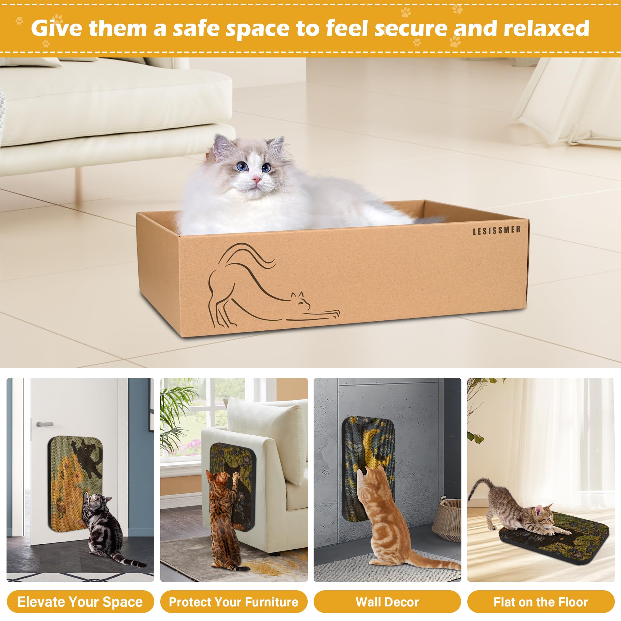 Lesissmer Art Cat Scratcher incluye tiras adhesivas de gancho y bucle para fijación limpia.