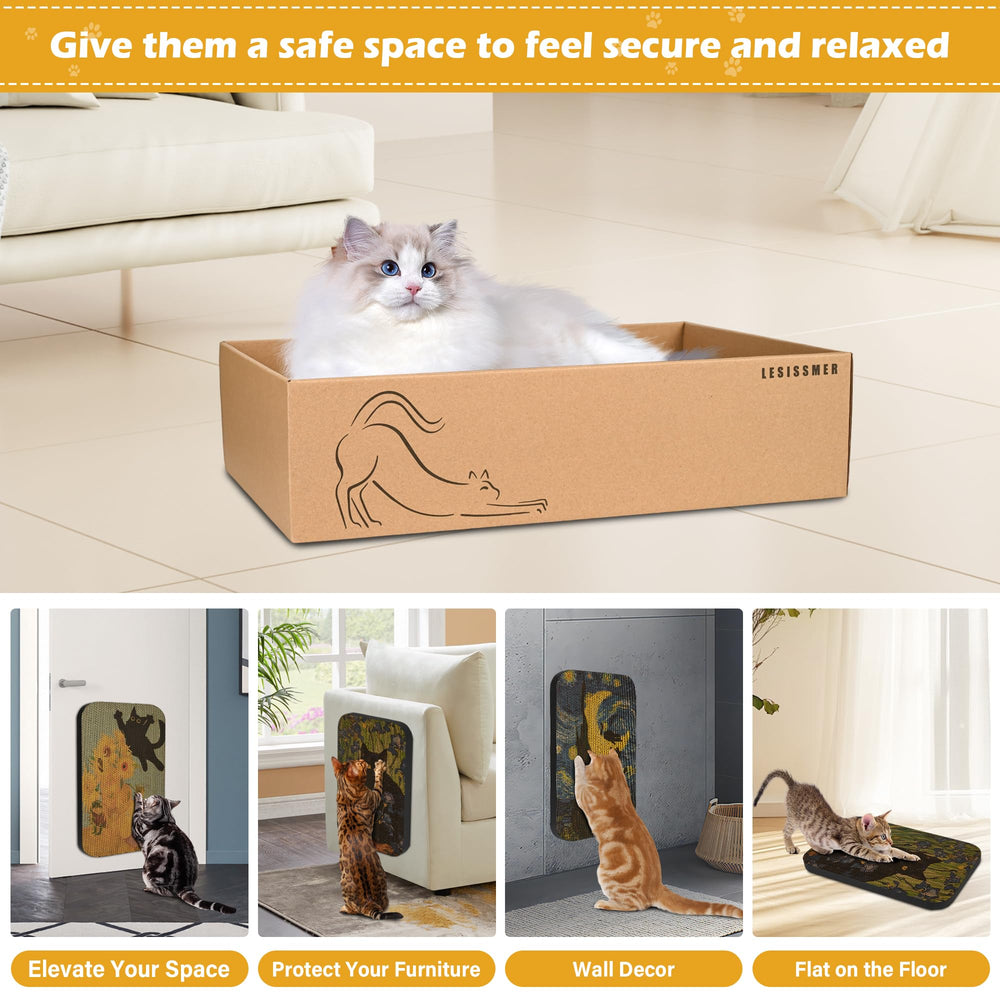 Lesissmer Art Cat Scratcher incluye tiras adhesivas de gancho y bucle para fijación limpia.