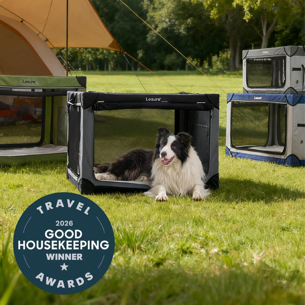 LE SURE jaula plegable para perros, vista lateral con malla para flujo de aire.