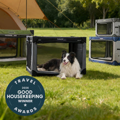 LE SURE jaula plegable para perros, vista lateral con malla para flujo de aire.