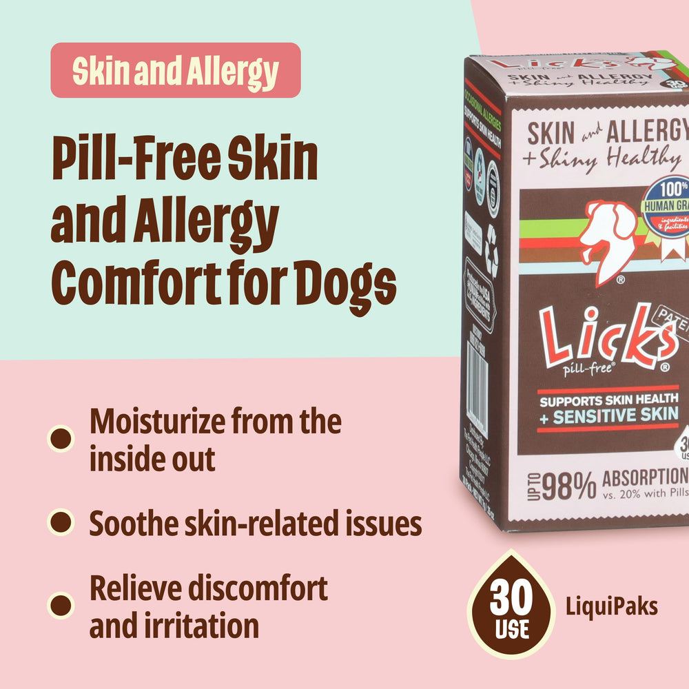 Licks Pill Free LiquiPaks hidratan la piel de perros de forma suave.