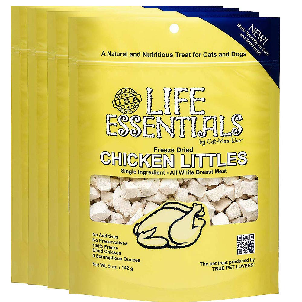 Life Essentials by Cat-Man-Doo: empaque Chicken Littles, snack proteico para gatos y perros pequeños.