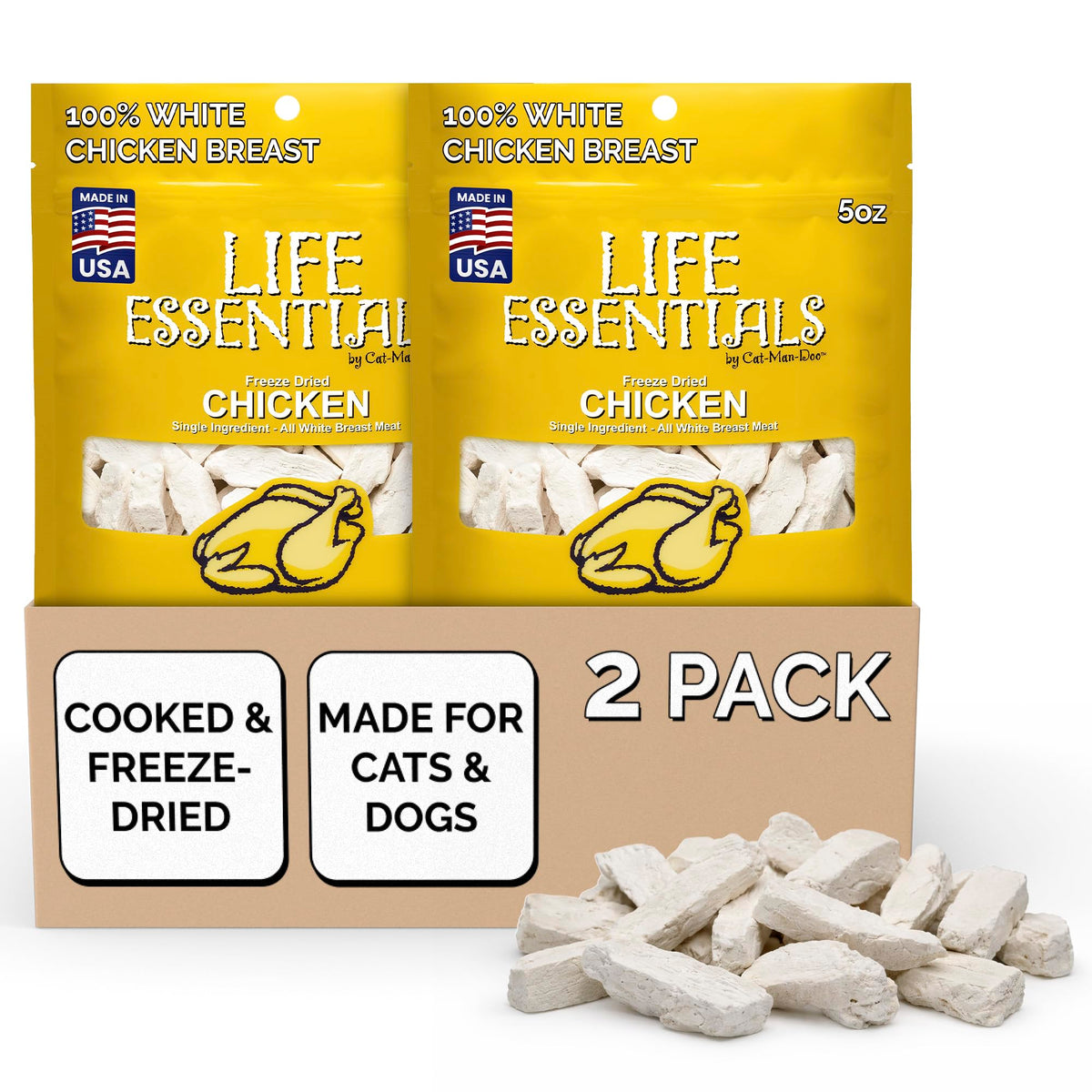 LIFE ESSENTIALS BY CAT-MAN-DOO pollo liofilizado, premio proteico para perros y gatos.