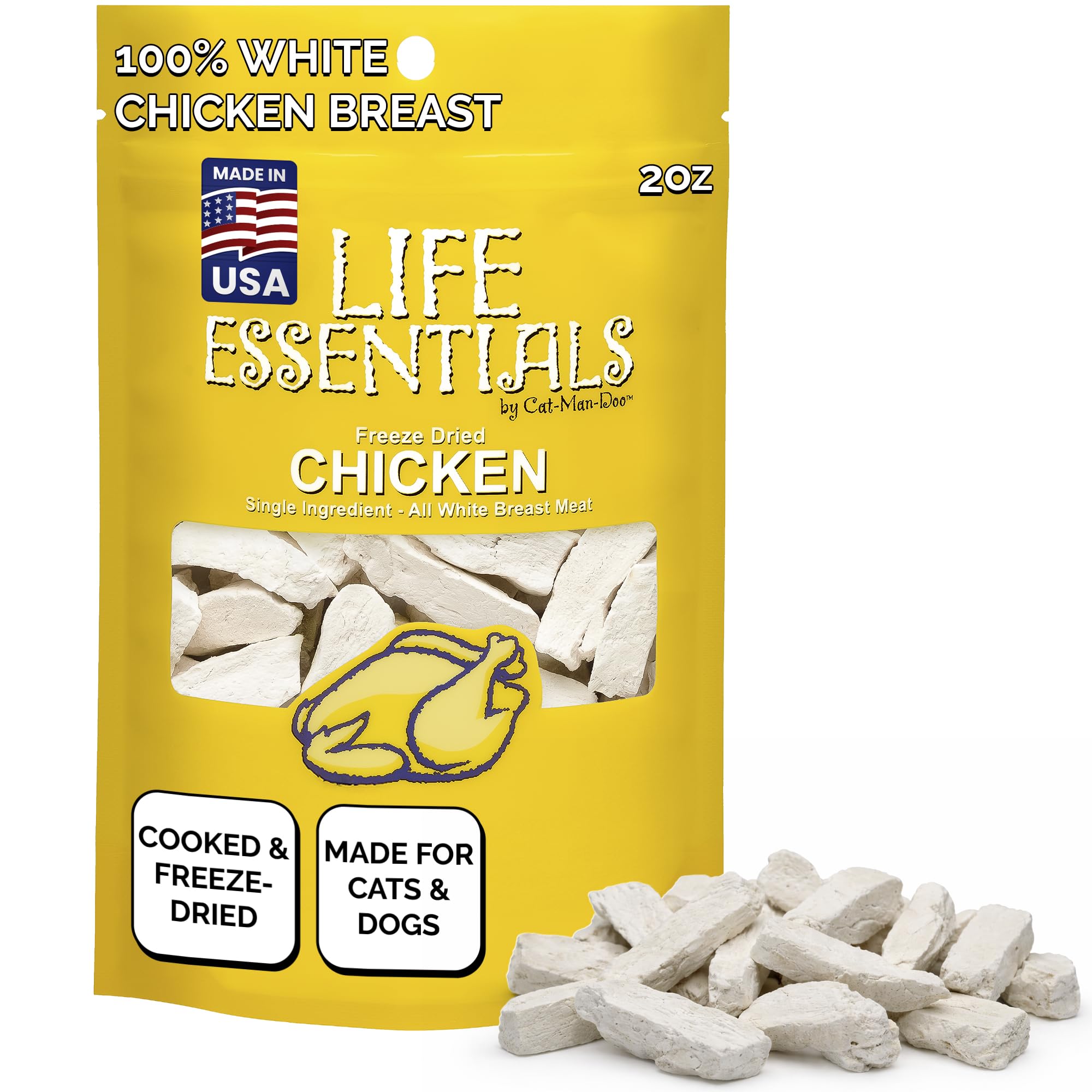 Life Essentials, empaque de pollo liofilizado, snack práctico para entrenar y premiar.