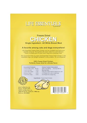 Life Essentials por Cat-Man-Doo, pollo liofilizado para entrenamiento, snack ligero para perros y gatos.
