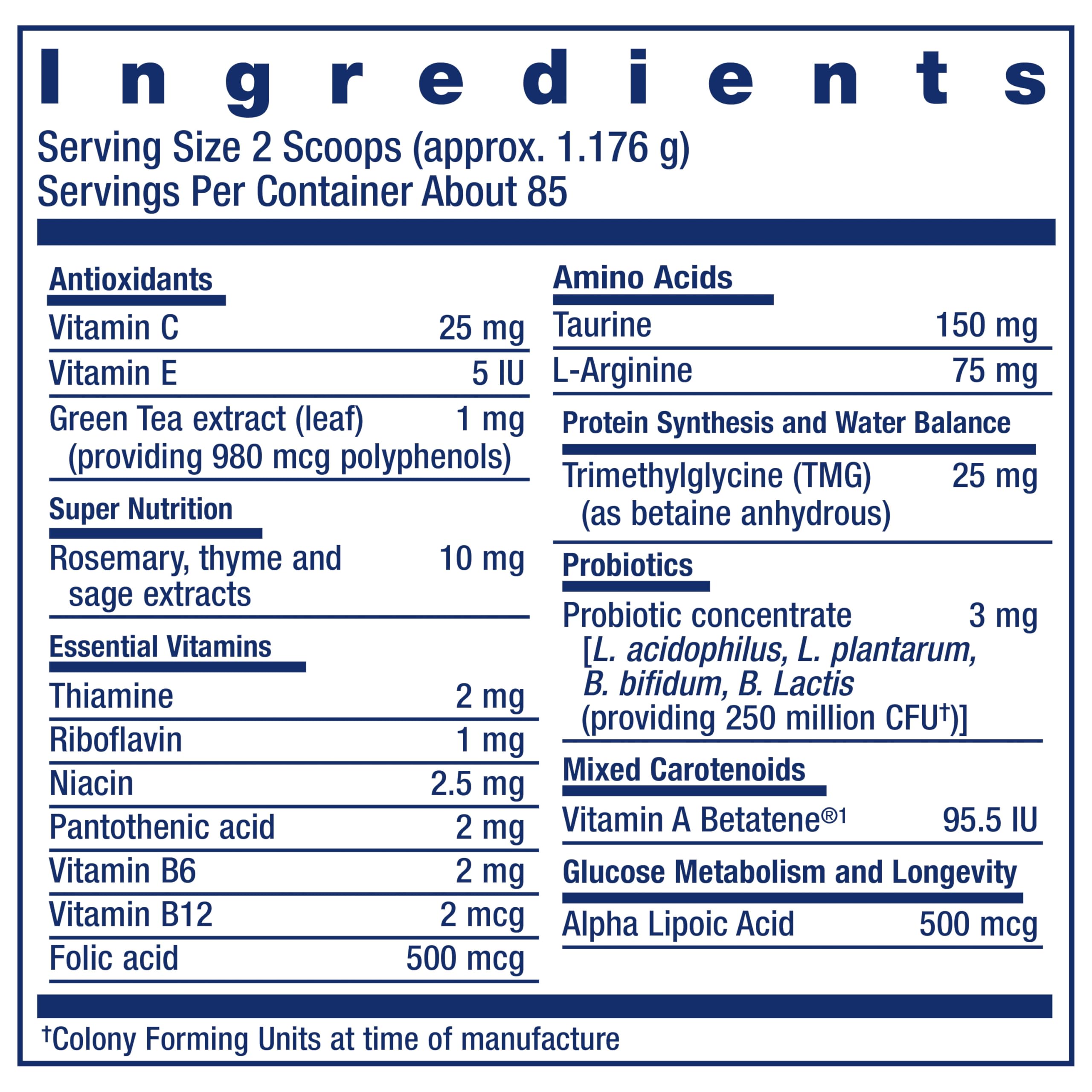 Life Extension Cat Mix: etiqueta nutricional visible con vitaminas y probióticos.