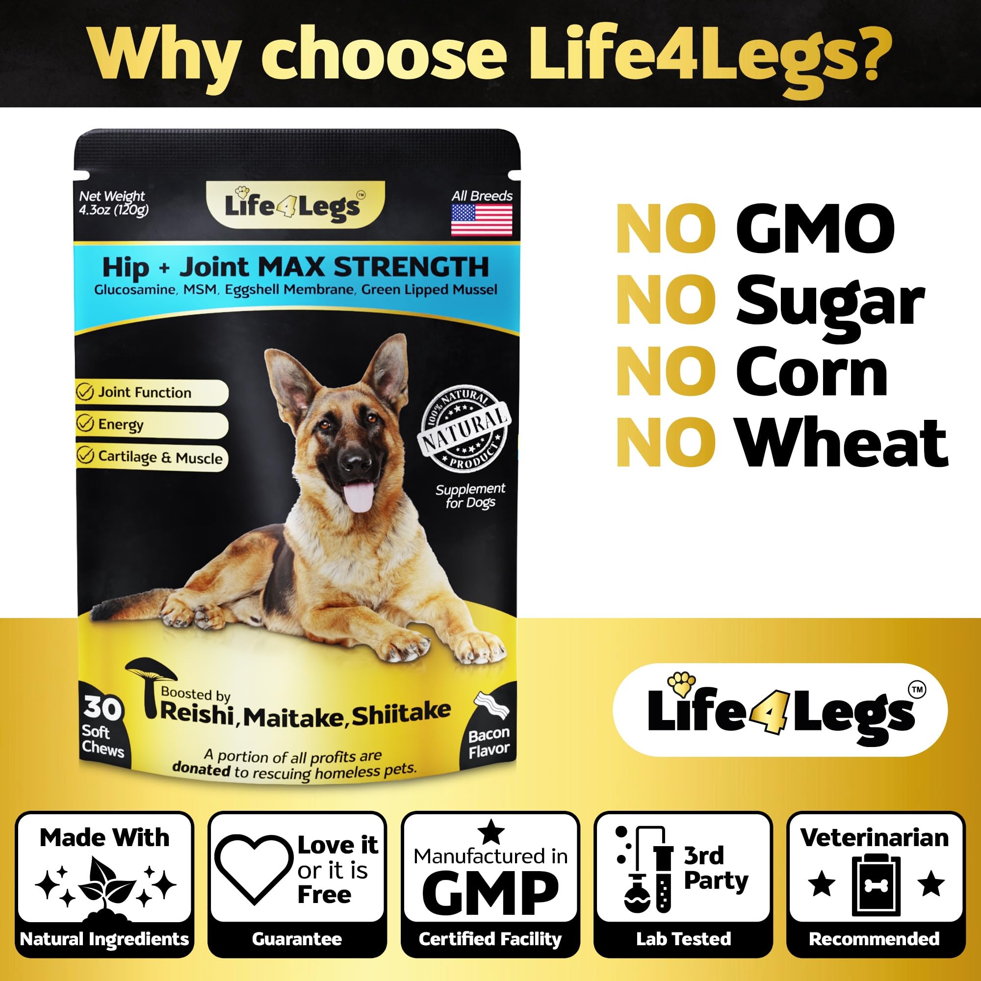 Life4Legs ingredientes glucosamina condroitina: apoyo a articulaciones con componentes conocidos.