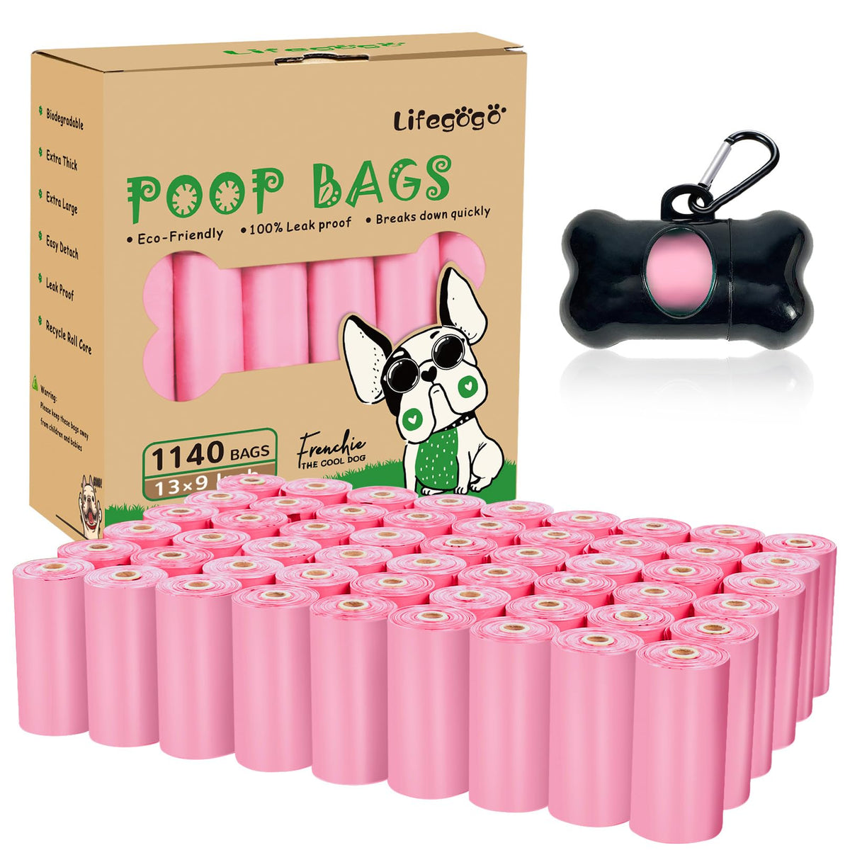 Bolsas Lifegogo para heces de perro en dispensador rosa, fáciles de usar durante paseos.