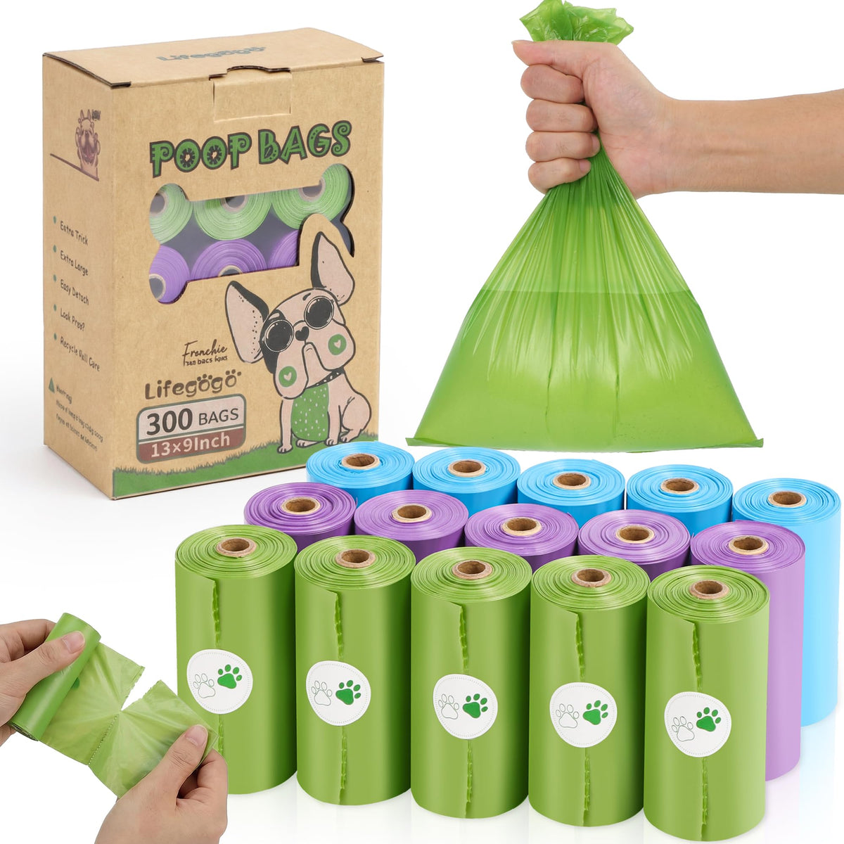 Bolsas Lifegogo para perros en rollos, fáciles de usar en paseos.