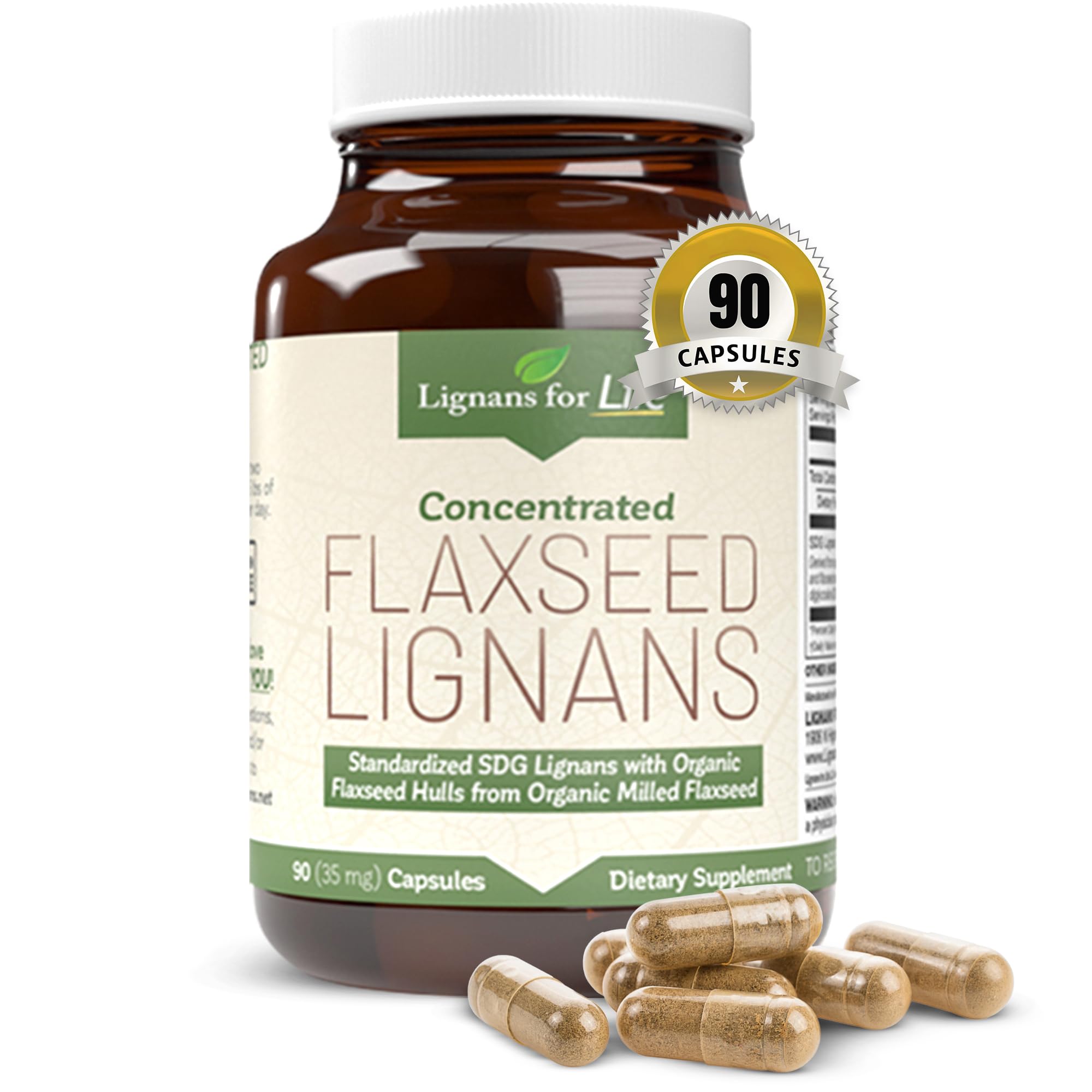 Lignans For Life envase de cápsulas de linaza 35 mg para bienestar diario.