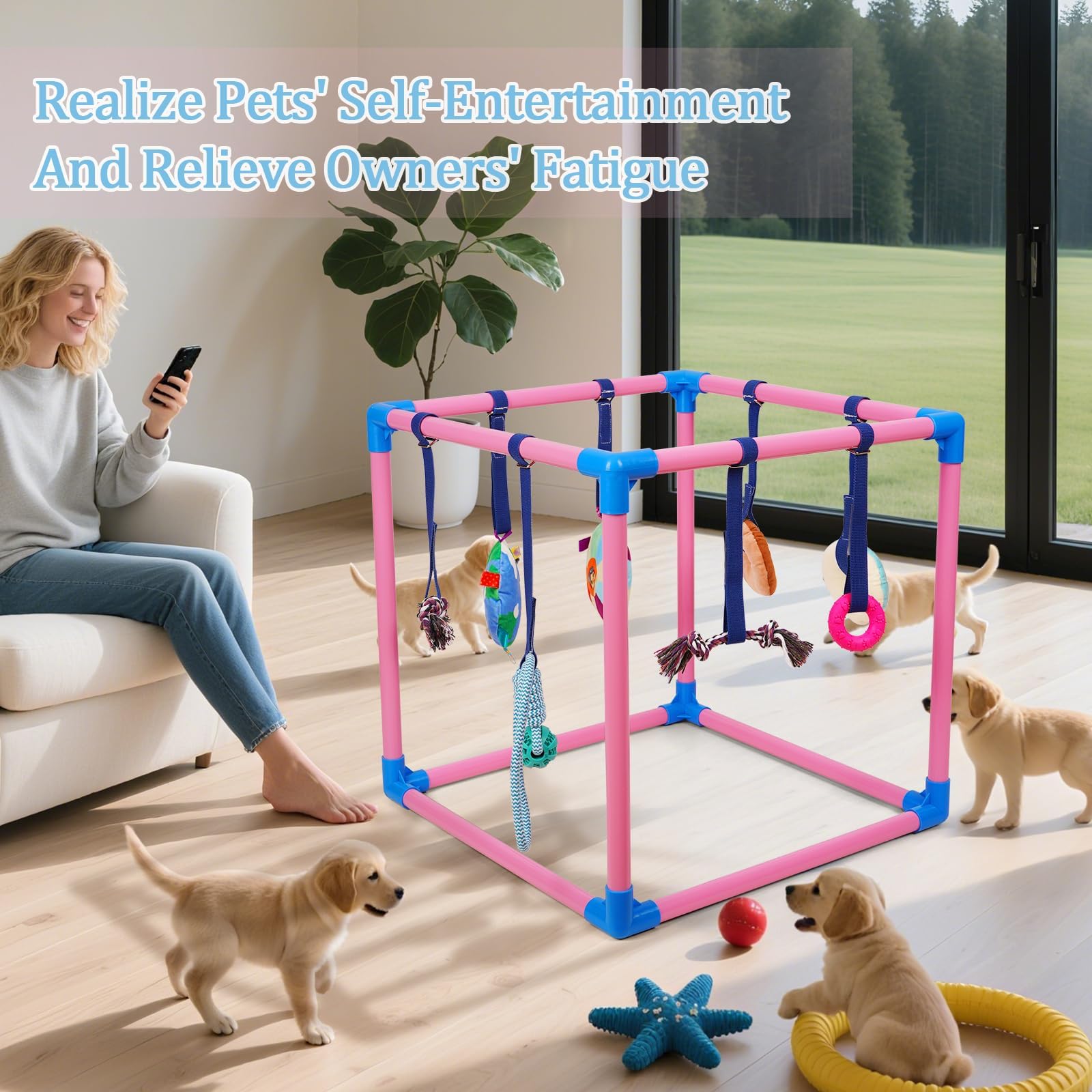 Liitrton gimnasio interior para perros y gatos, reduce ansiedad de separación con juego independiente.