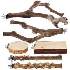 Conjunto LIMIO de perchas para aves en madera natural, entorno más natural.