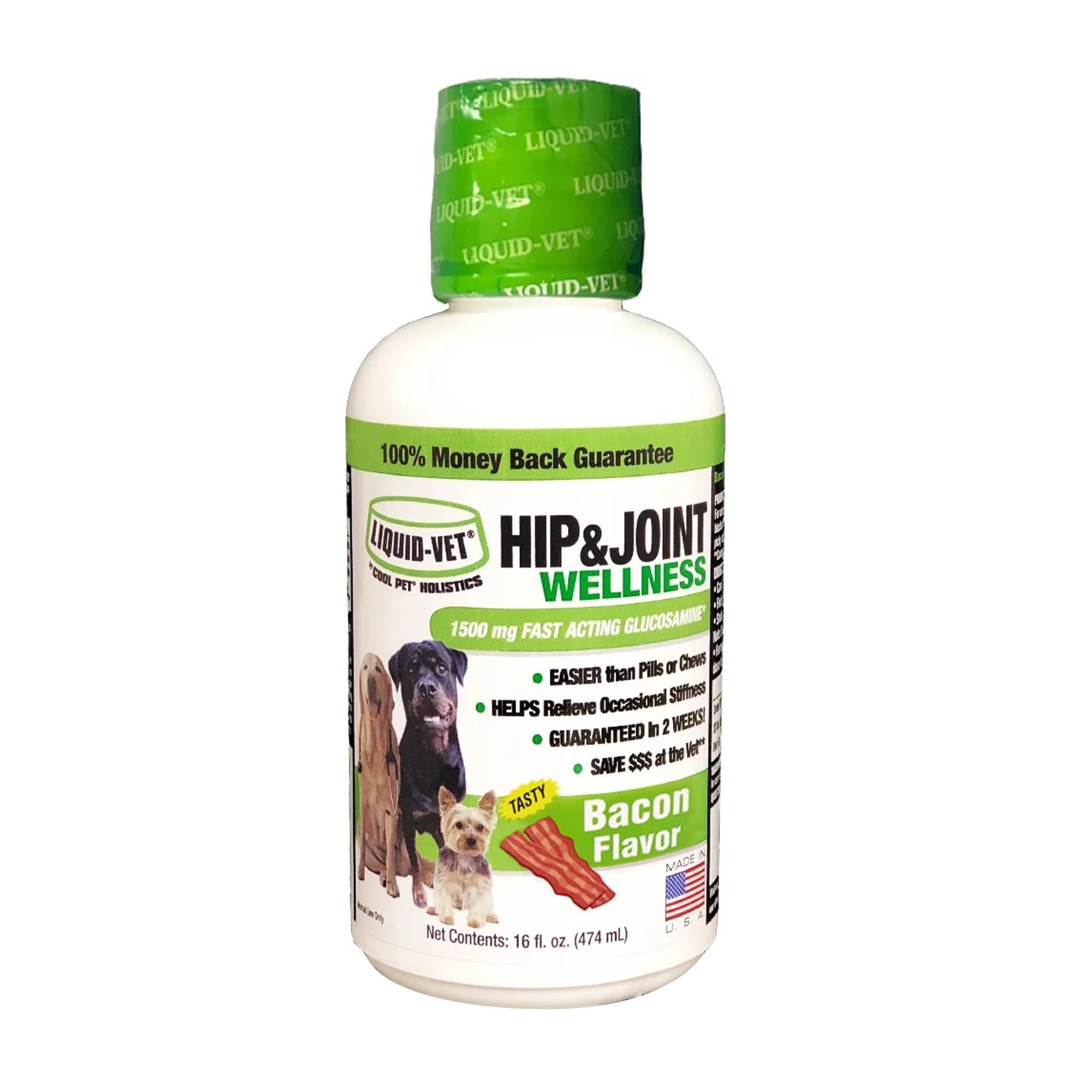 LIQUID-VET K9 Hip & Joint Formula sabor tocino, botella 16oz: ideal para la dosificación diaria.