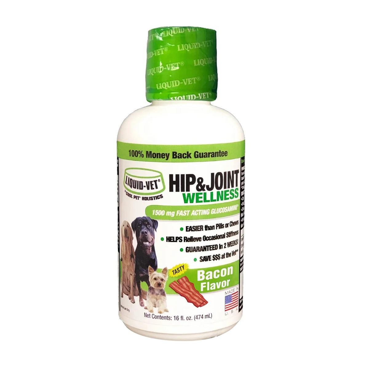 LIQUID-VET K9 Hip & Joint Formula sabor tocino, botella 16oz: ideal para la dosificación diaria.