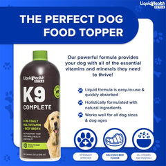 LIQUIDHEALTH K9 Complete: etiqueta frontal destacando la fórmula 8 en 1.