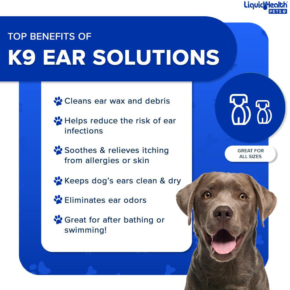 LIQUIDHEALTH K9 gotas vertidas en la oreja para higiene diaria.