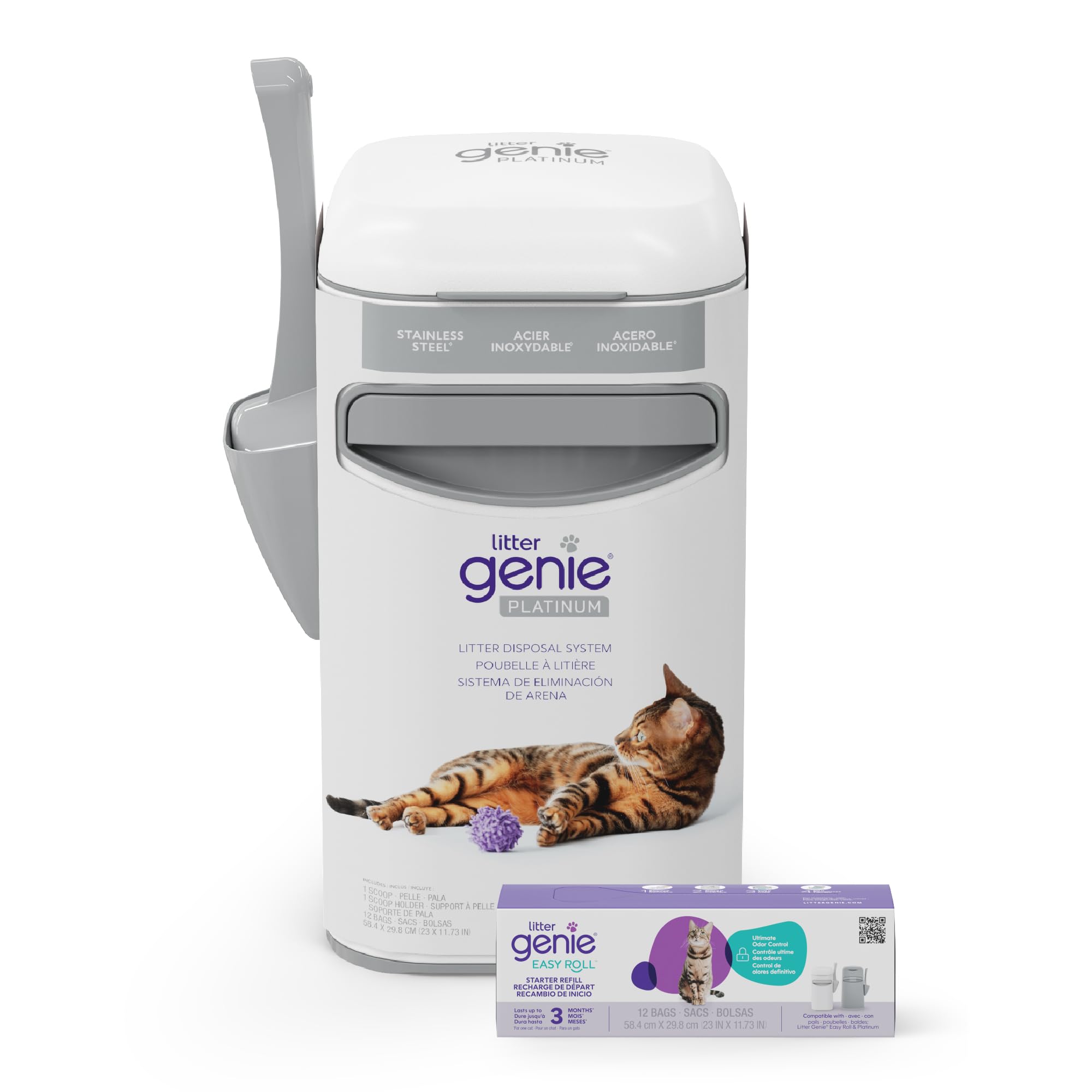 Litter Genie Platinum, cubo de acero inoxidable para manejo higiénico de desechos de gato.