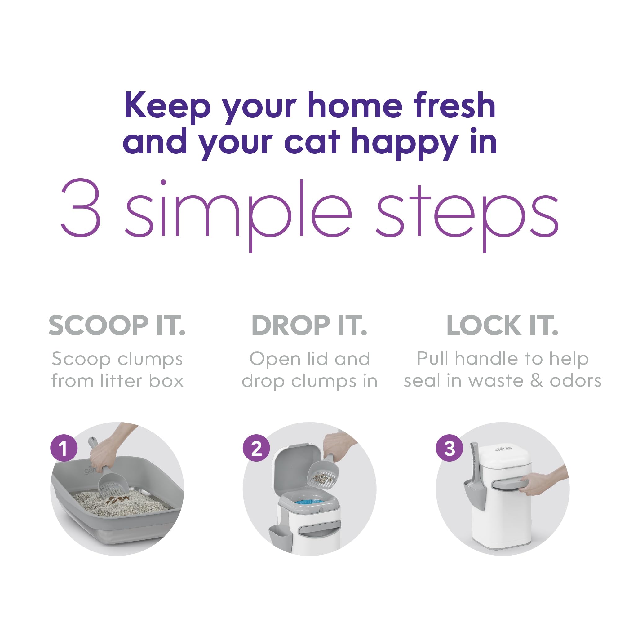 Litter Genie Platinum, bolsas fáciles de colocar y reciclables para simplificar.