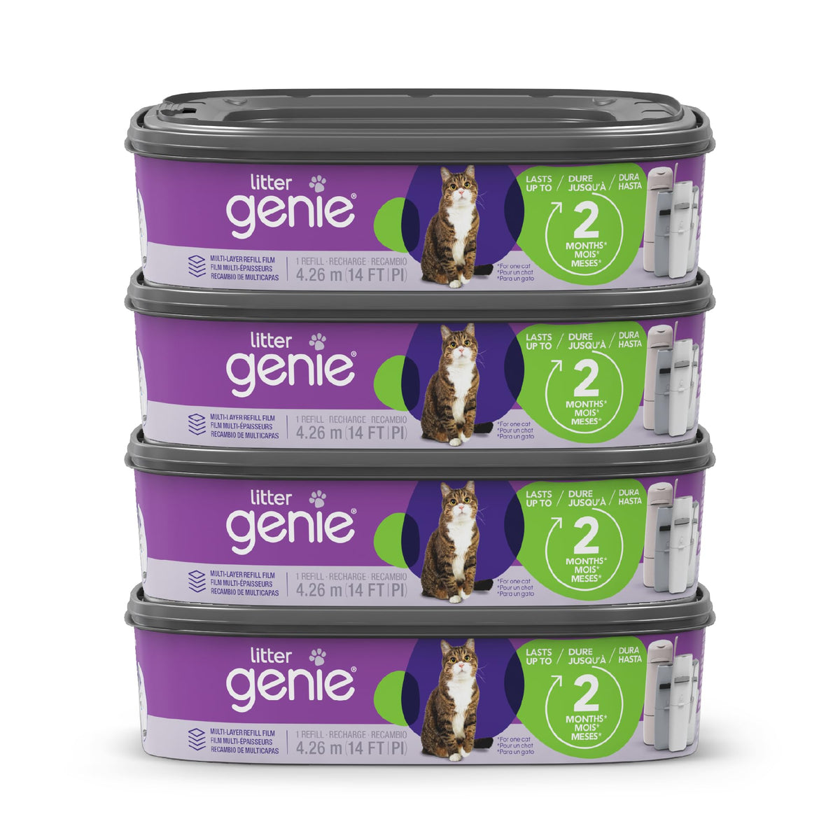 Litter Genie relleno estándar 4 unidades, 56 pies, control de olores para casa.