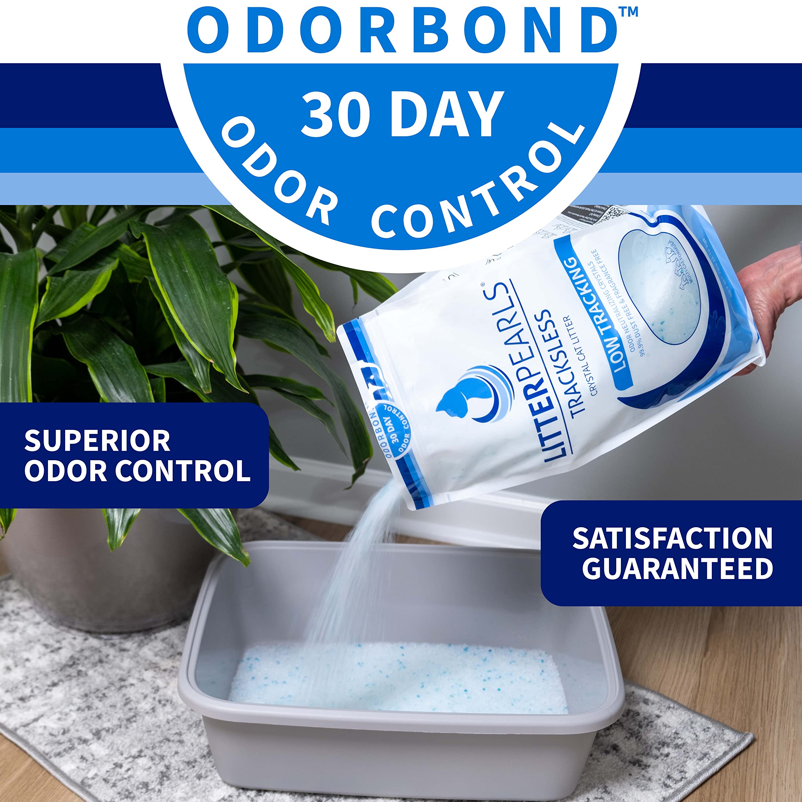 Litter Pearls Odorbond ofrece control de olores al contacto en este producto