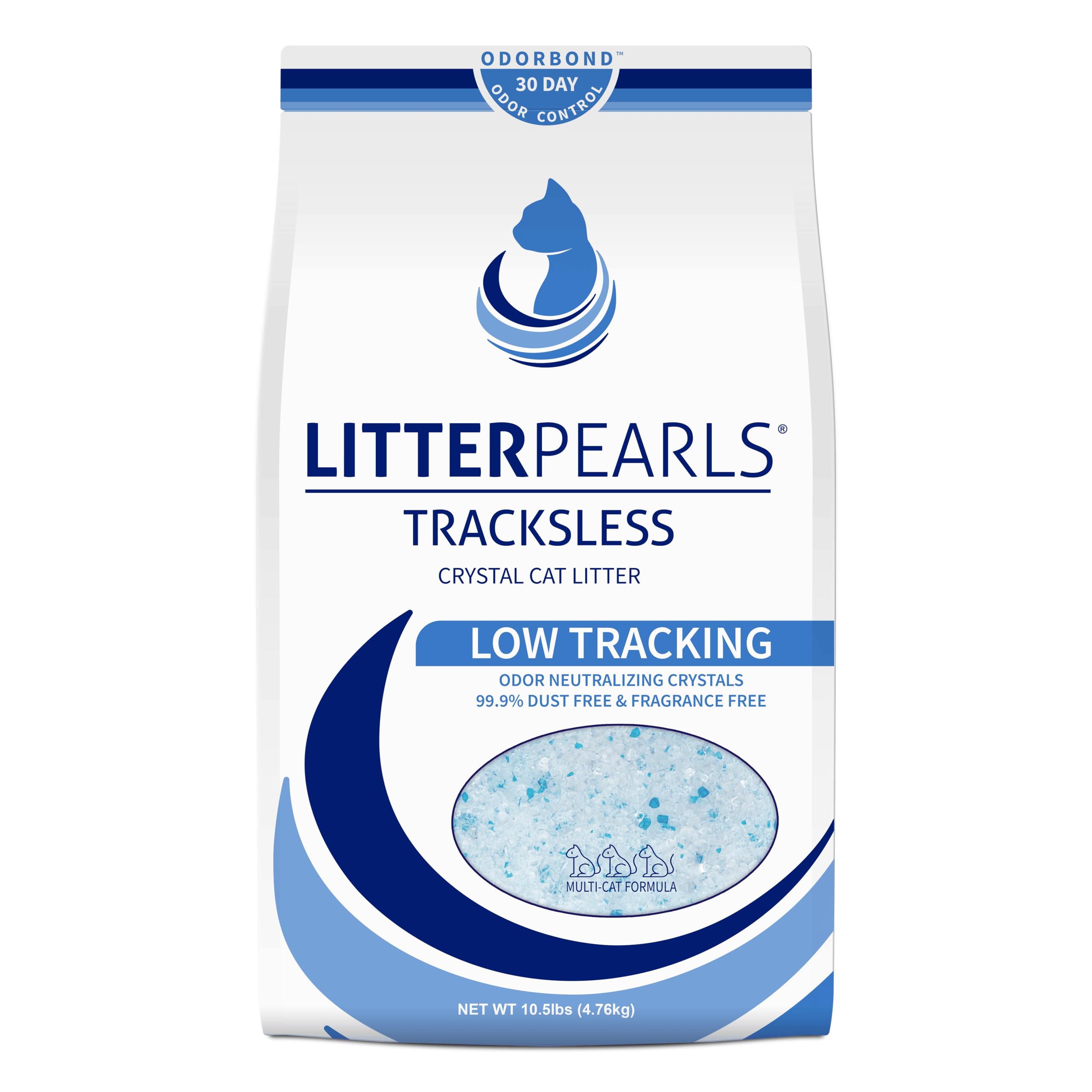 Litter Pearls Tracksless cristal para gatos en bolsa de 10.5 libras, fácil de almacenar.